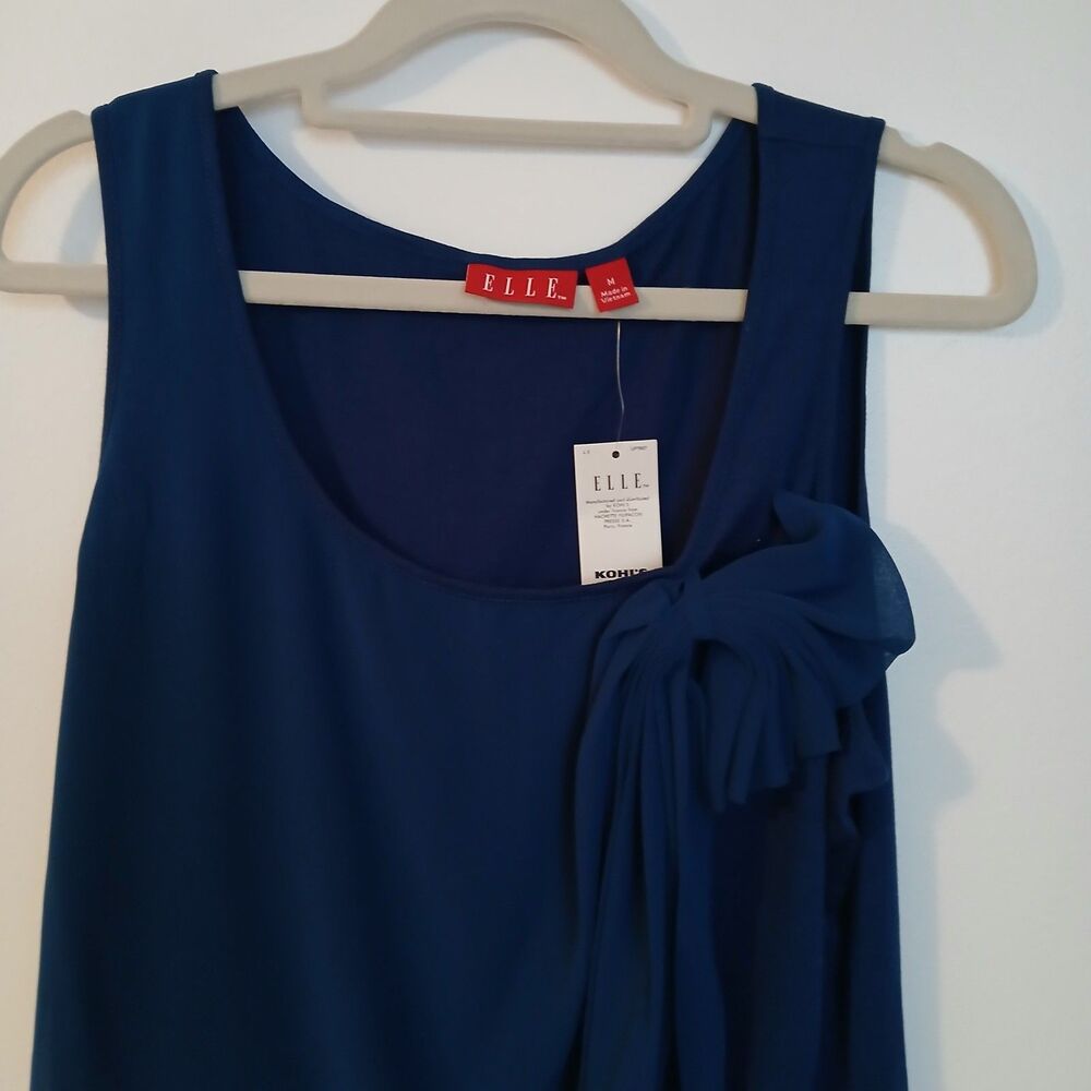 ELLE Blue Tie Knot Sleeveless Pima Cotton Blend Top Blouse Medium EL20027 NEW - Picture 2 of 9